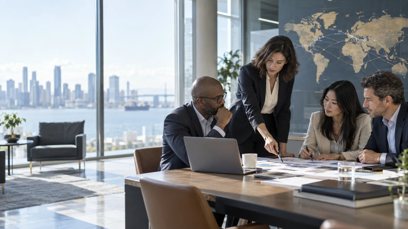 Professionals collaborating on a global implementation plan